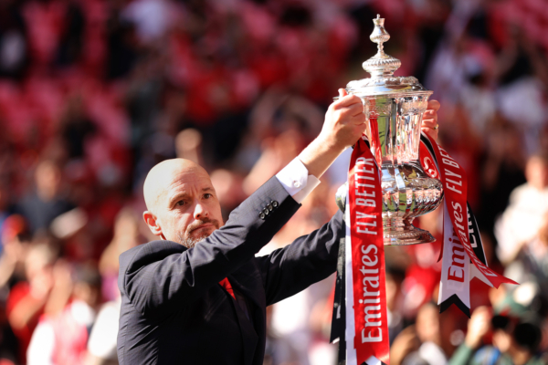 LONDON, ENGLAND - MAY 25: Erik ten Hag, Manager of Manchester United celebrates with the trophy during the Emirates FA Cup Final match between Manchester City and Manchester United at Wembley Stadium on May 25, 2024 in London, England. 