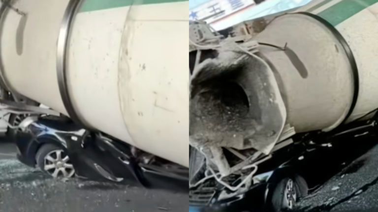 安徽水泥罐車砸扁私家車 車內有人揮手求救（視頻）