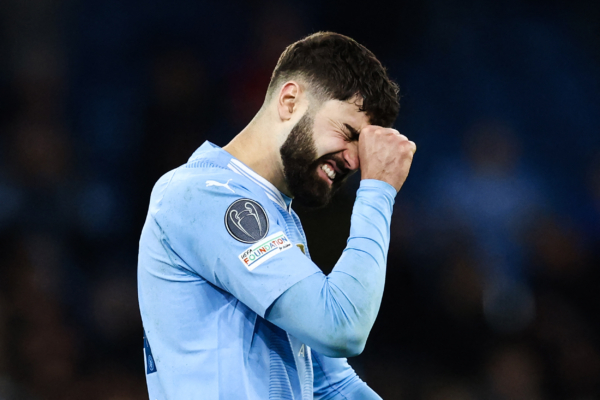 Manchester City's Croatian defender #24 Josko Gvardiol reacts at the end of the UEFA Champions League quarter-final second-leg football match between Manchester City and Real Madrid, at the Etihad Stadium, in Manchester, north-west England, on April 17, 2024. Real Madrid beat holders Manchester City 4-3 on penalties to reach the Champions League semi-finals on Wednesday after the tie ended 4-4 on aggregate. (Photo by Darren Staples / AFP) 