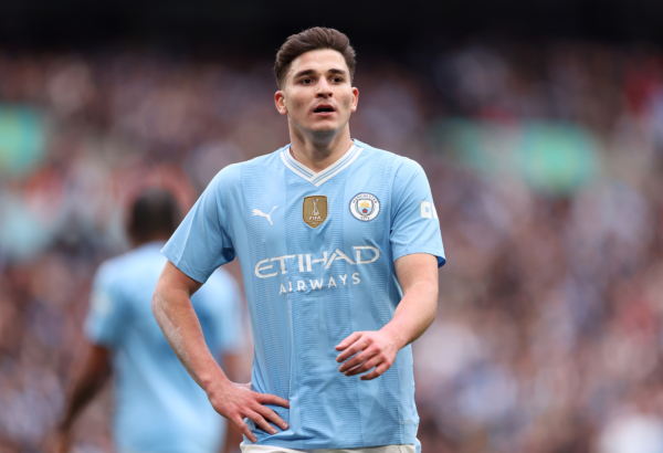 LONDON, ENGLAND - APRIL 20: Julian Alvarez of Manchester City looks on during the Emirates FA Cup Semi Final match between Manchester City and Chelsea at Wembley Stadium on April 20, 2024 in London, England. 