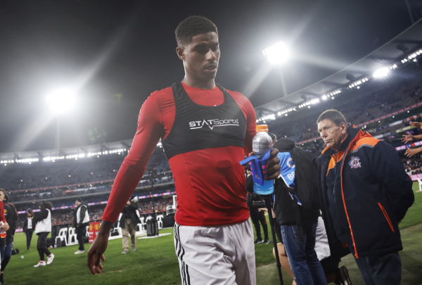 MELBOURNE, AUSTRALIA - JULY 15: Marcus Rashford of Manchester United leaves the field after winning the Pre-Season friendly match between Melbourne Victory and Manchester United at Melbourne Cricket Ground on July 15, 2022 in Melbourne, Australia. 