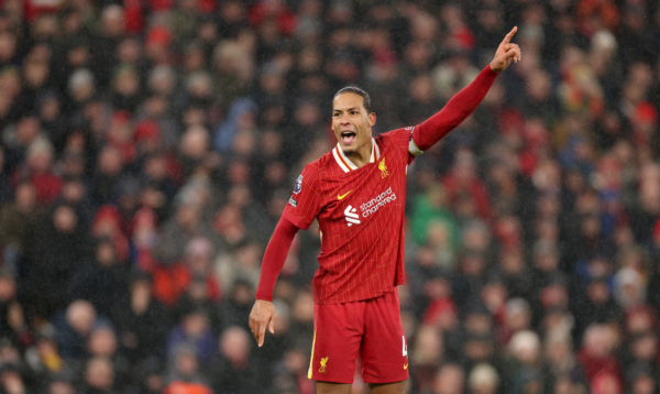 LIVERPOOL, ENGLAND - JANUARY 05: Virgil van Dijk of Liverpool during the Premier League match between Liverpool FC and Manchester United FC at Anfield on January 05, 2025 in Liverpool, England. 