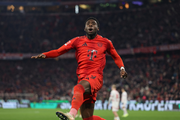 Bayern Munich's Canadian defender #19 Alphonso Davies celebrates his 5-1 during the German first division Bundesliga football match between FC Bayern Munich and RB Leipzig in Munich, southern Germany, on December 20, 2024. (Photo by Alexandra BEIER / AFP) / DFL REGULATIONS PROHIBIT ANY USE OF PHOTOGRAPHS AS IMAGE SEQUENCES AND/OR QUASI-VIDEO 