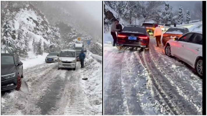 河南突下暴雪 车辆被困路上达12小时