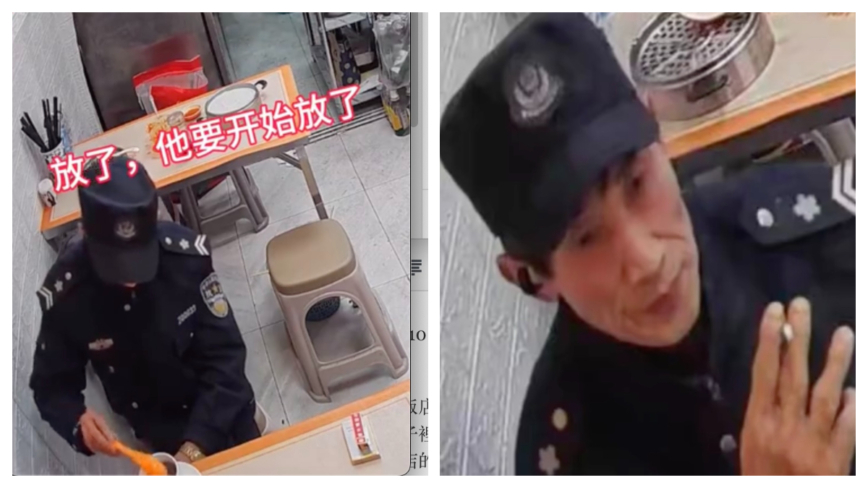 西安疑似穿警服人员饭店放头发 被监控拍下（视频）