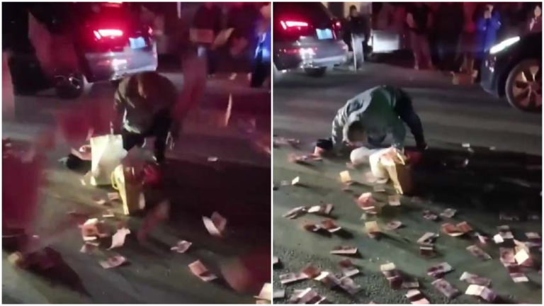 蚌埠男子崩潰 當街叩頭並大把撒錢（視頻）