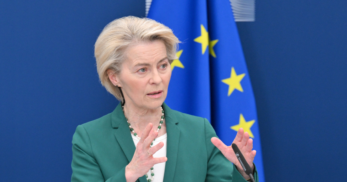 European Commission President Ursula von der Leyen speaks during a press conference with Norway's Prime Minister at the EU Commission headquarters in Brussels on April 7, 2025. (Photo by Nicolas TUCAT / AFP)