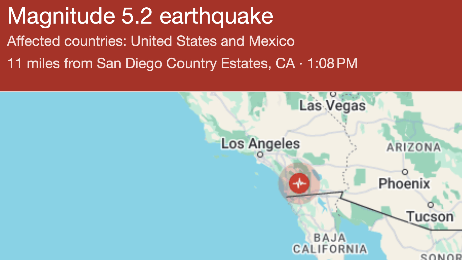 14日上午,加州聖地牙哥附近發生規模5.2淺層地震。(earthquake.usgs.gov/)