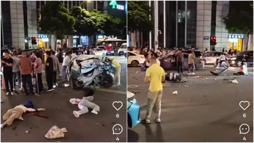 福州车辆十字路口飞速冲撞行人和电动车 多人伤亡（视频）