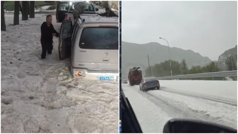 厚如積雪沒過車輪 保定立夏降下史上罕見冰雹（視頻）