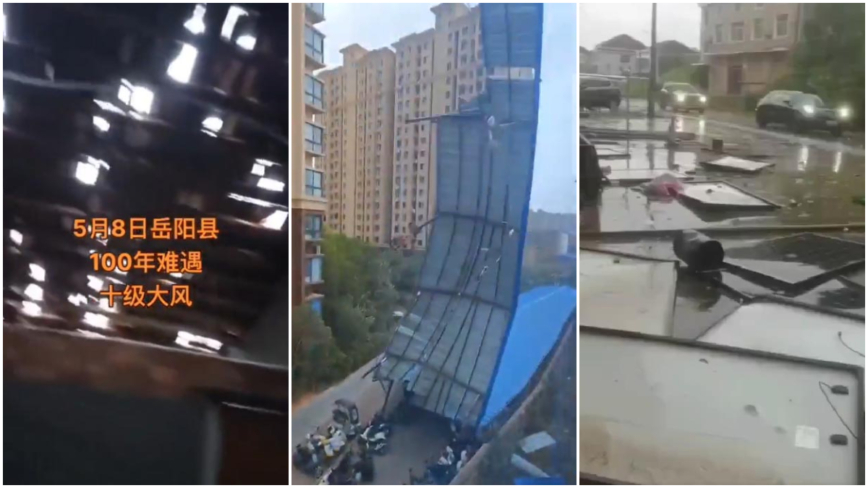 湖南岳阳13级狂风加暴雨冰雹 多房倒塌（视频）