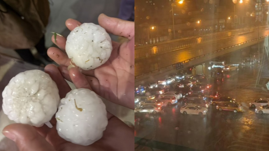 北京突降巨型冰雹 路上汽车躲桥下避险（视频）