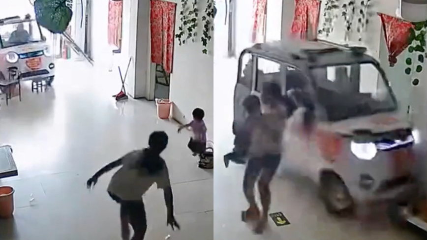 河南汽车破门而入 10岁女孩救妹妹惊险画面曝光