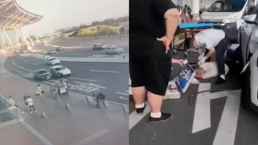 天津机场外突发车祸 男子开门瞬间被撞飞（视频）