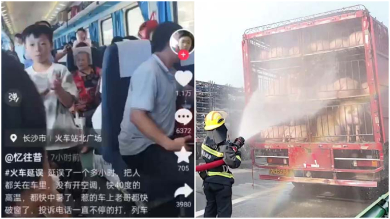 長沙火車高溫被困無人管 運豬車堵車消防噴水施救
