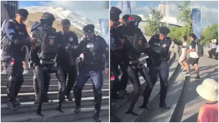 江苏机器人特警出丑 下台阶3个特警搀扶（视频）