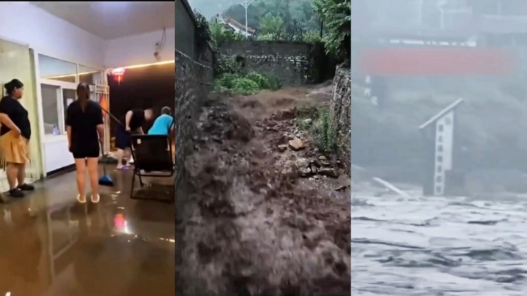 北京密雲暴雨山洪 道路被毀 村民家中灌水