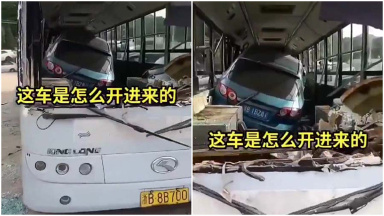 寧波離奇車禍 小車迎頭撞進公交車車廂（視頻）