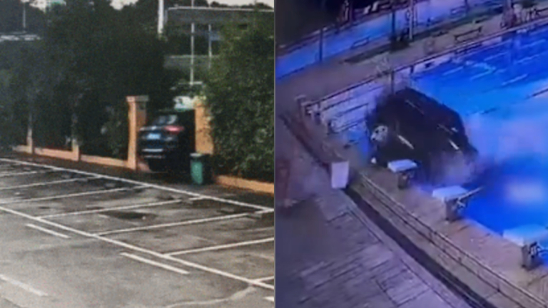 中國女子駕車撞破圍牆衝入泳池 驚險鏡頭曝光（視頻）