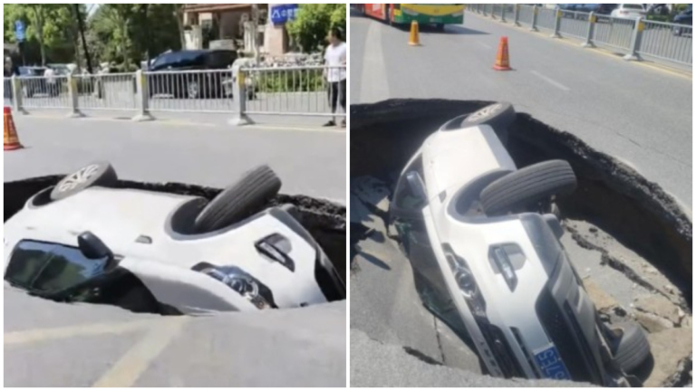 安徽一道路塌陷吞沒轎車 驚險瞬間曝光（視頻）