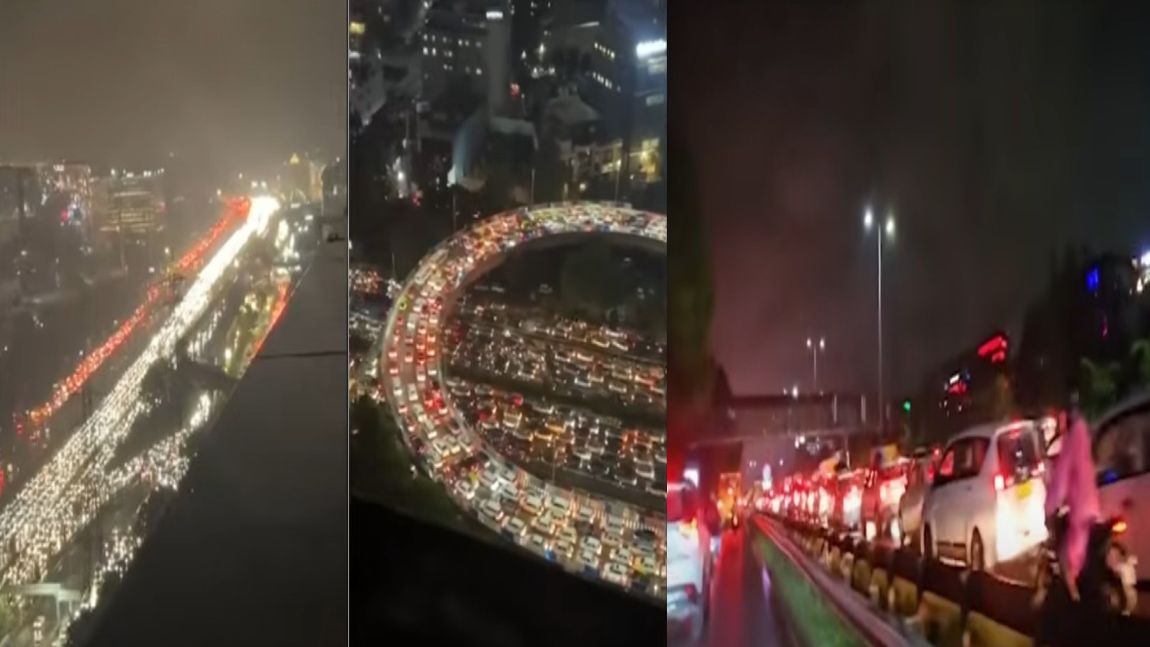 2025年9月2日,持續暴雨襲擊印度德里國家首都區古爾岡,許多地方淹水導致陸路交通嚴重阻塞,緊急停班、停課因應。(視頻截圖合成)