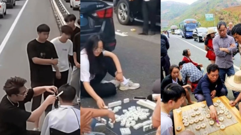 中國長假大堵車！高速路上理髮、下棋、搓麻將