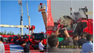 北京消防展登高車支臂突然斷裂 砸壞地面車輛