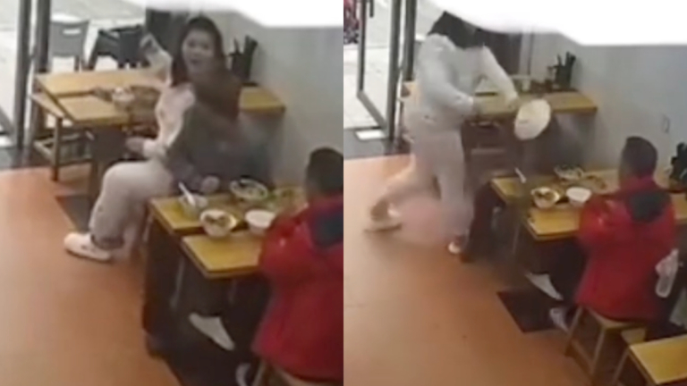 中國麵館震驚一幕 女子把一碗麵扣男子頭上（視頻）