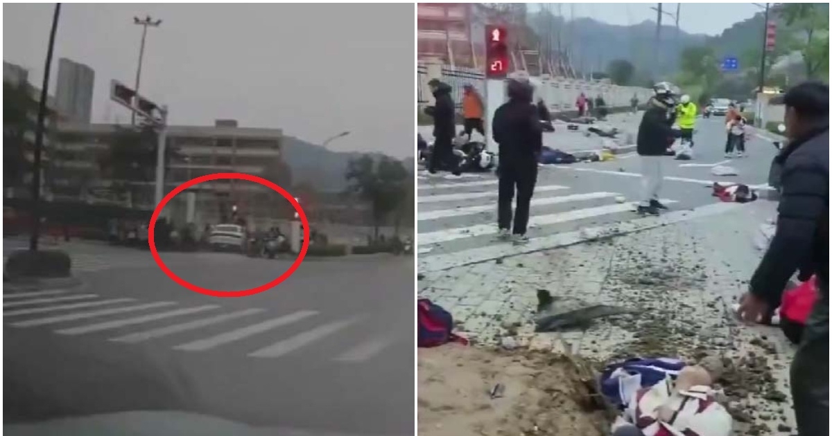 小心被跌 湖北十堰小学门口轿车直冲人群连撞多人（视频） | 开车撞人| 新唐人电视台