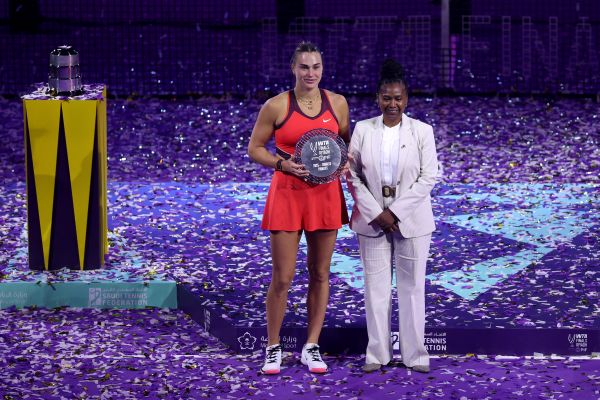 Elena Rybakina and Aryna Sabalenka at the WTA Finals award ceremony.