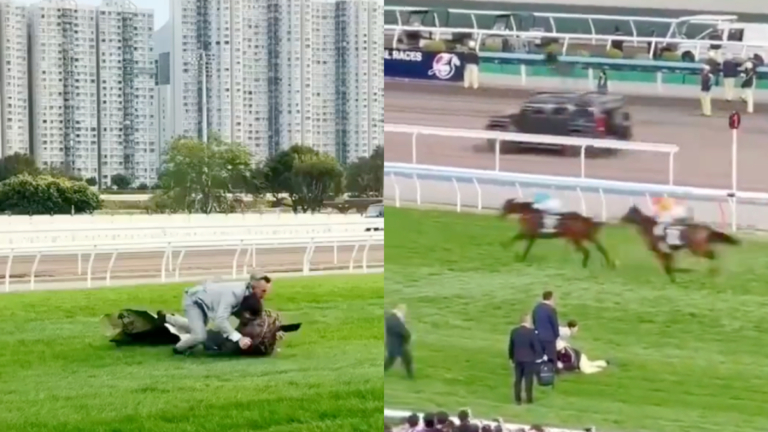 香港男持橫幅衝進賽馬場 籲調查宏福苑火災（視頻）