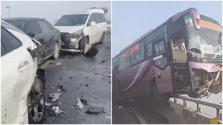 開封黃河大橋多車連環撞 大巴車一半懸空（視頻）
