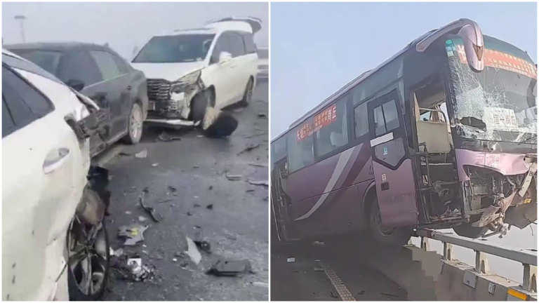 開封黃河大橋多車連環撞 大巴車一半懸空（視頻）