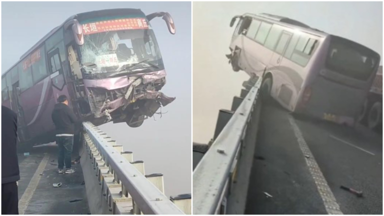 中國元旦驚險車禍 大巴衝破護欄 車頭懸空險墜橋（視頻）