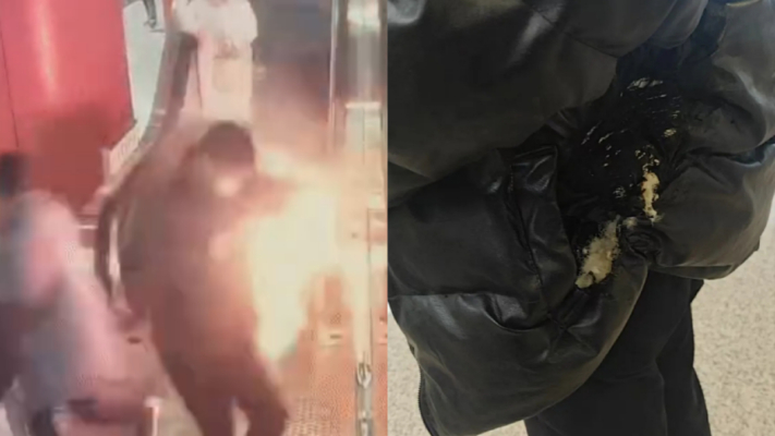 驚險！上海地鐵站一男子身上冒火衝下電梯（視頻）