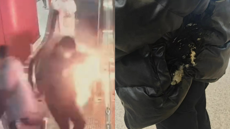 驚險！上海地鐵站一男子身上冒火衝下電梯（視頻）