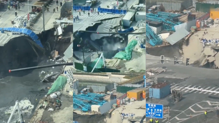 上海地鐵工程崩塌 巨大天坑吞噬道路駭人畫面曝光（視頻）