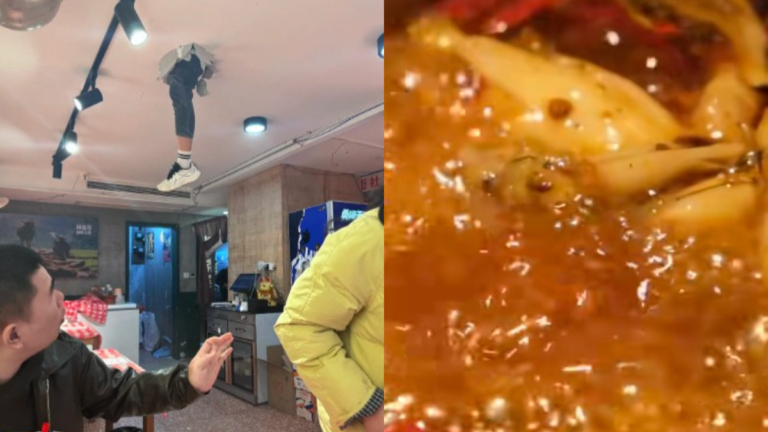 嚇人！武漢一飯店天花板突然掉出人腿 食客急逃（視頻）
