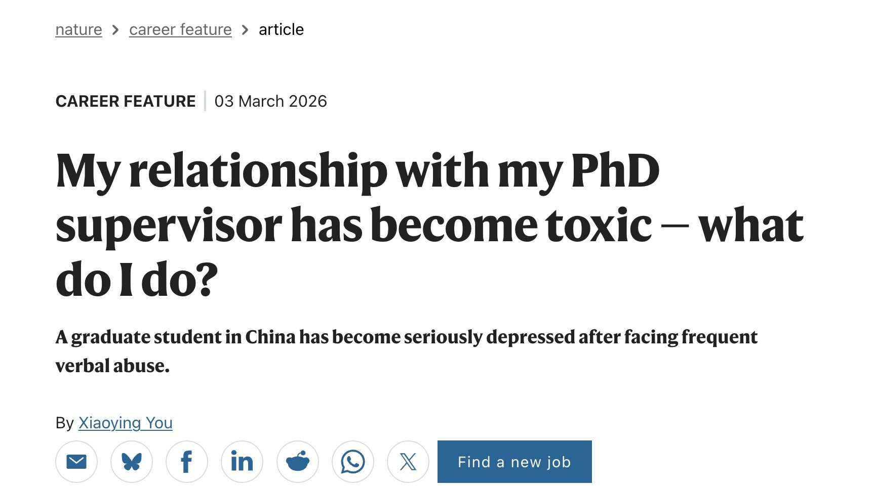 一名中國博士生向《自然》雜志寫信求助。(網絡截圖)