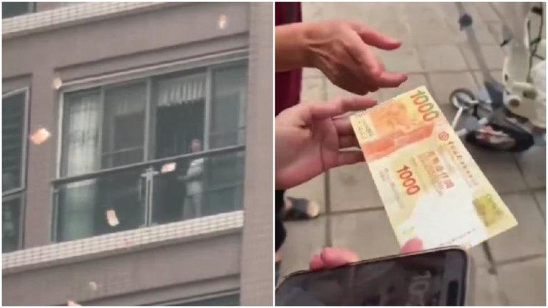 傳汕頭女從高樓抛灑百萬港幣 持續20分鐘（視頻）