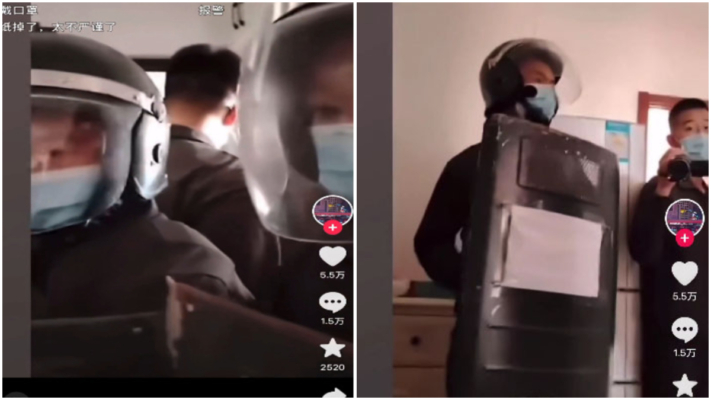 北京武警闖民宅抄家 心虛用白紙遮蓋盾牌 （視頻）