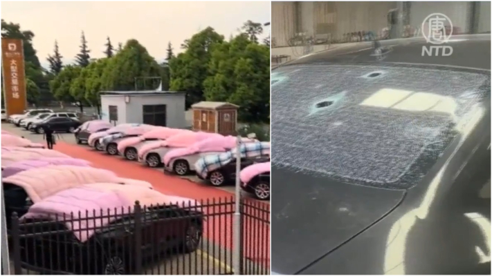 強冰雹襲擊昆明損失慘重 車子蓋棉被防災
