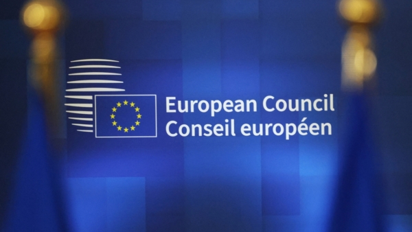 This photograph shows the logo of the European Council on a wall ahead of a European Council meeting to discuss recent developments in transatlantic relations, in Brussels, on January 22, 2026. EU leaders meet on January 22, 2026, for an emergency summit on threats by US President to impose tariffs on countries opposed to his push to take Greenland, with crisis talks in Brussels coming to weigh potential countermeasures against the United States. (Photo by Ludovic MARIN / AFP)