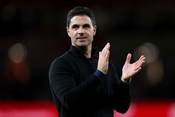 LONDON, ENGLAND - MAY 18: Mikel Arteta, Manager of Arsenal, applauds the fans after the team's victory in the Premier League match between Arsenal and Burnley at Emirates Stadium on May 18, 2026 in London, England.