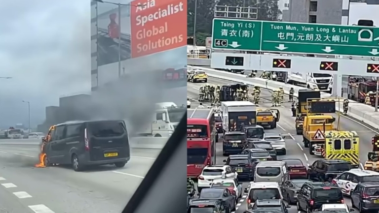 香港青葵公路客貨車起火燃燒 全線一度封閉