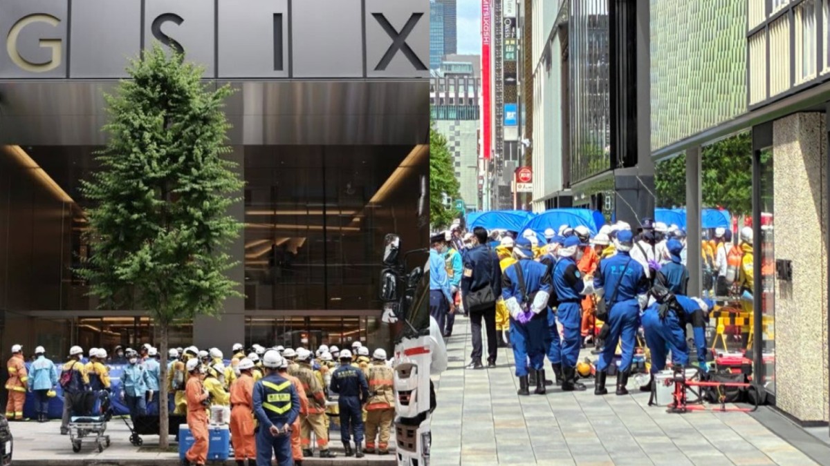 2026年5月25日,日本東京銀座鬧區中午驚傳疑似噴灑刺激性物質事件。警方正追查一名噴灑後逃逸、戴著白色口罩的男子。(視頻截圖)