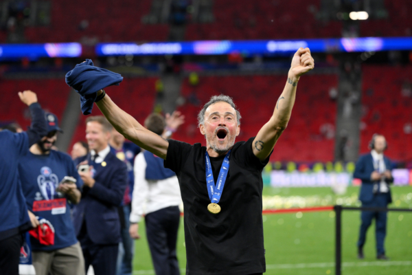 BUDAPEST, HUNGARY - MAY 30: Luis Enrique, Head Coach of Paris Saint-Germain, celebrates his team's victory in the UEFA Champions League Final 2026 match between Paris Saint-Germain and Arsenal FC at Puskas Arena on May 30, 2026 in Budapest, Hungary.