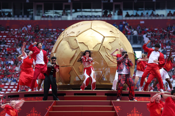 TORONTO, ONTARIO - JUNE 12: Sanjoy, Nora Fatehi and Vegedream perform during the Opening Ceremony before the FIFA World Cup 2026 Group B match between Canada and Bosnia and Herzegovina at Toronto Stadium on June 12, 2026 in Toronto, Ontario.