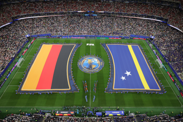 HOUSTON, TEXAS - JUNE 14: A general view as players line up before the FIFA World Cup 2026 Group E match between Germany and Curacao at Houston Stadium on June 14, 2026 in Houston, Texas. 