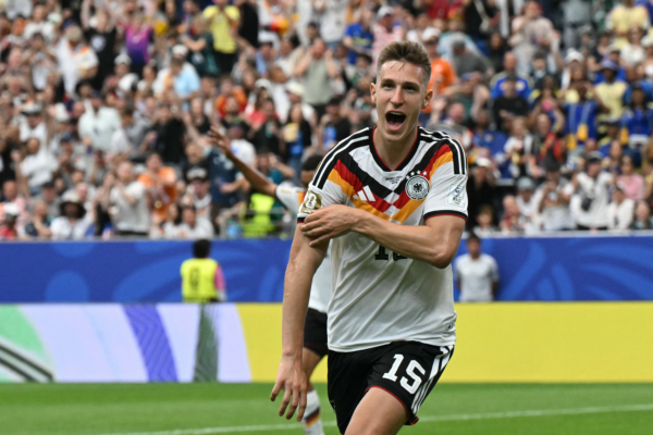 Germany's defender #15 Nico Schlotterbeck celebrates after scoring his team's second goal during the 2026 World Cup Group E football match between Germany and Curacao at the Houston Stadium in Houston on June 14, 2026. 
